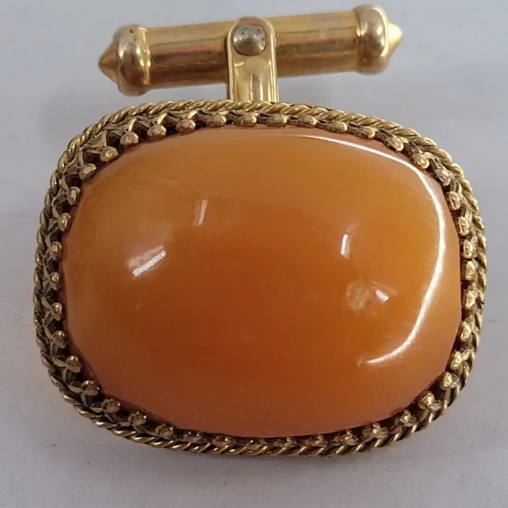 Vintage 12K Gold Filled Butterscotch Amber Cufflinks Tie Tack Set Preppy